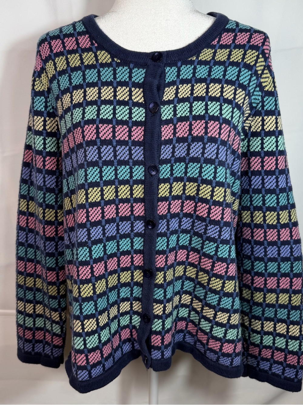 Appleseed's VTG Pastel Checkered Knit Cardigan Sweater XL Grandma Cottagecore